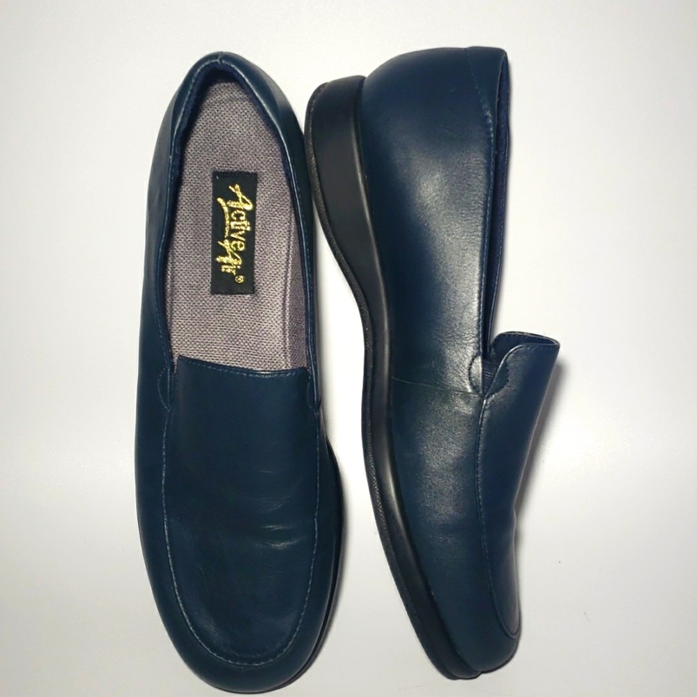 Navy Blue Women's leather loafers.